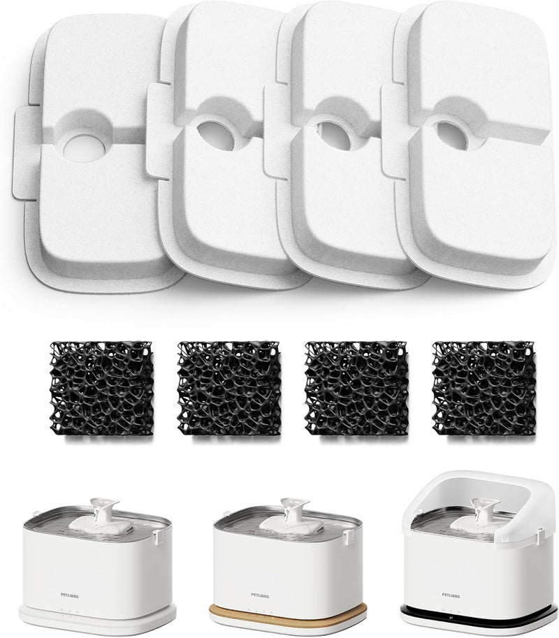 PETLIBRO Cat Water Fountain Filter, 4 Packs Cat Fountain Filter Replacement & Sponges for Dockstream WF106/WF116/WF105/WF115/WF005, 2-Month Set Easy-Swap for Pet Fountain - Image 1